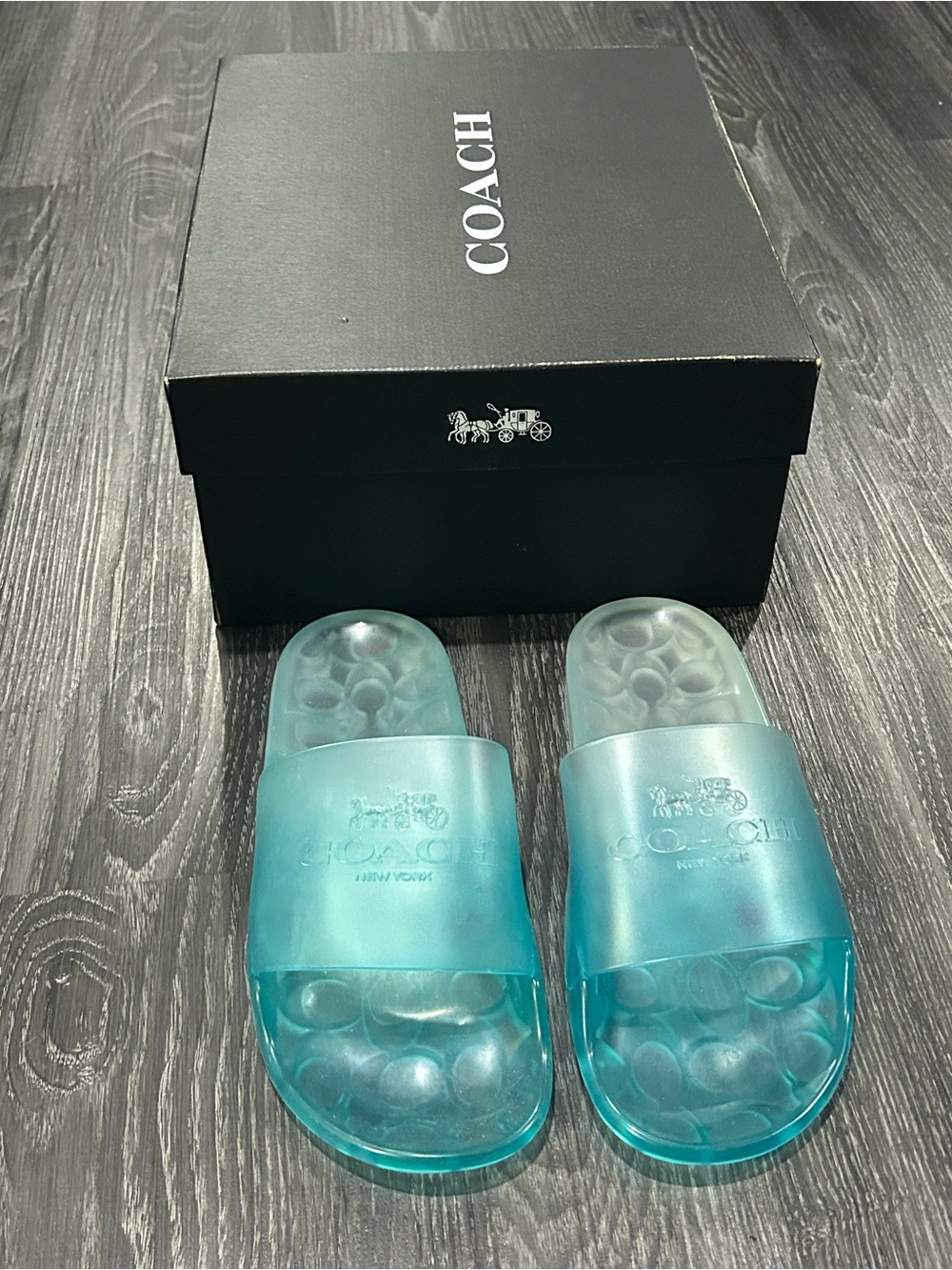 Coach Teal Transparent Slide Sandals Blue Size 8 New - Picture 5 of 6